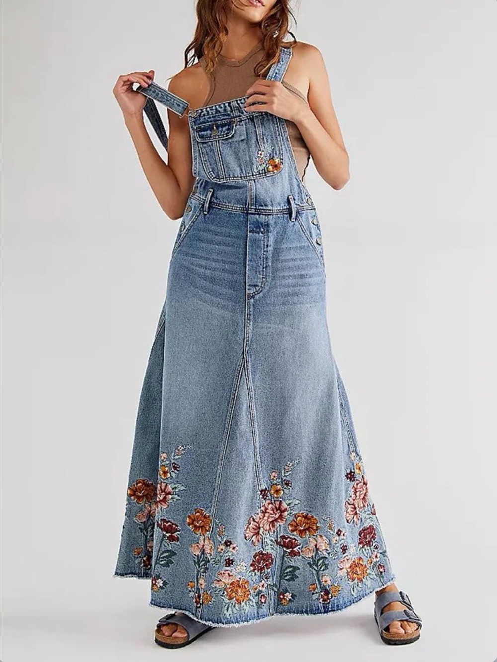 Free People x Driftwood Sammy Garden Skirtall Denim Floral Embroidered Dress Med